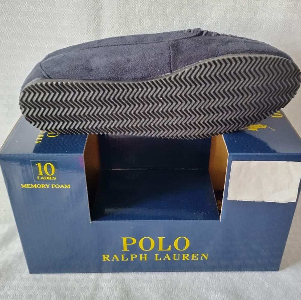 RALPH LAUREN Polo Bear Memory Foam Sherpa Slippers Moccasins Womens size 10 Navy - Picture 6 of 9
